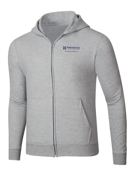Light Grey Heather 8.5 oz Ring Spun Zip Hooded Sweatshirt w/Innovation Care Partners Logo