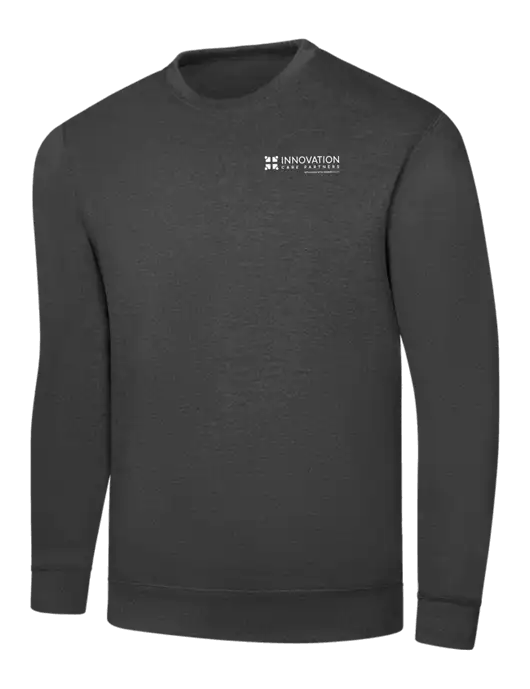 Dark Heather Grey 7.8 oz Ring Spun Crew Sweatshirt w/Innovation Care Partners Logo