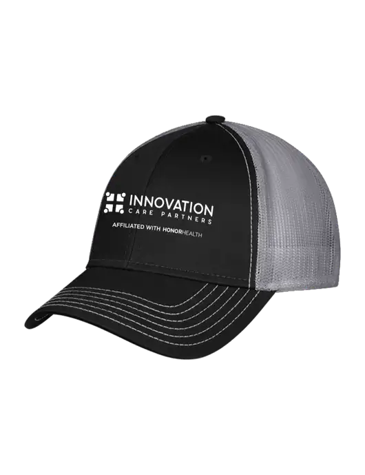 Black/Medium Dark Grey Mesh Trucker Cap Snap Back w/Innovation Care Partners Logo