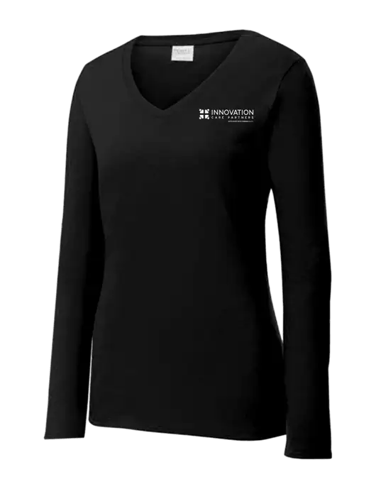 Womens V-Neck Ring Spun Jet Black 4.5 oz Long Sleeve T-Shirt w/Innovation Care Partners Logo