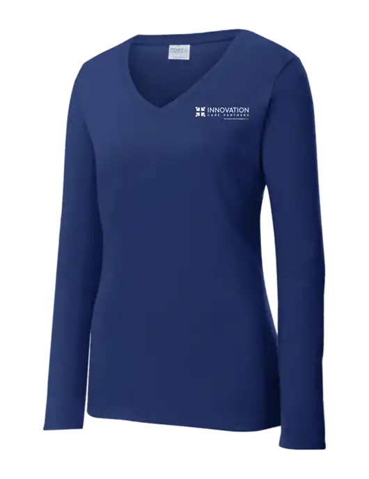 Womens  V-Neck Ring Spun Navy 4.5 oz Long Sleeve T-Shirt w/Innovation Care Partners Logo