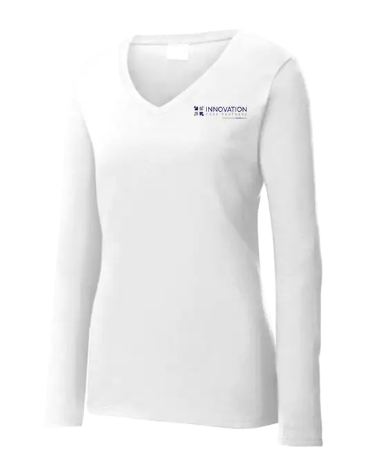Womens  V-Neck Ring Spun White 4.5 oz Long Sleeve T-Shirt w/Innovation Care Partners Logo