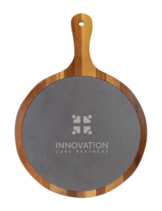 Acacia Wood & Slate Round Cutting Board & Handle 10.5 x 14.5 w/Innovation Care Partners Logo