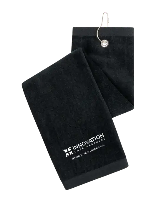 Black Tri-Fold Golf Towel with Grommet w/Innovation Care Partners Logo
