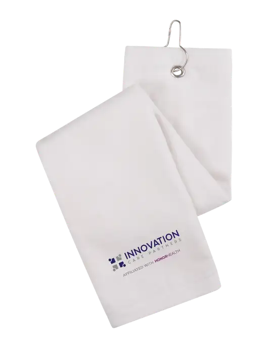 White Tri-Fold Golf Towel with Grommet w/Innovation Care Partners Logo