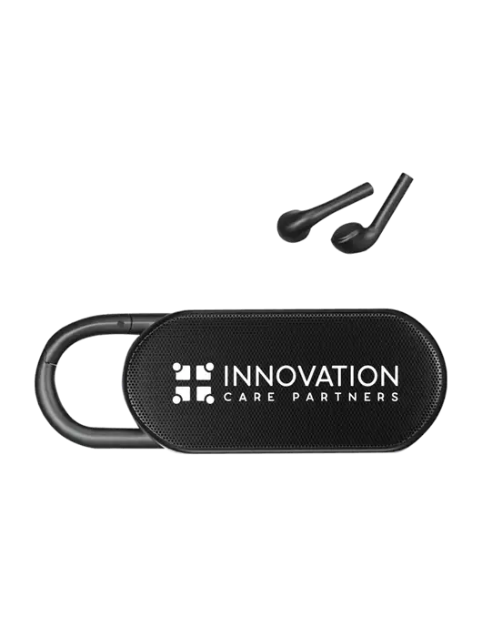 Clip Buddies Black Speaker & Ear Buds w/Innovation Care Partners Logo