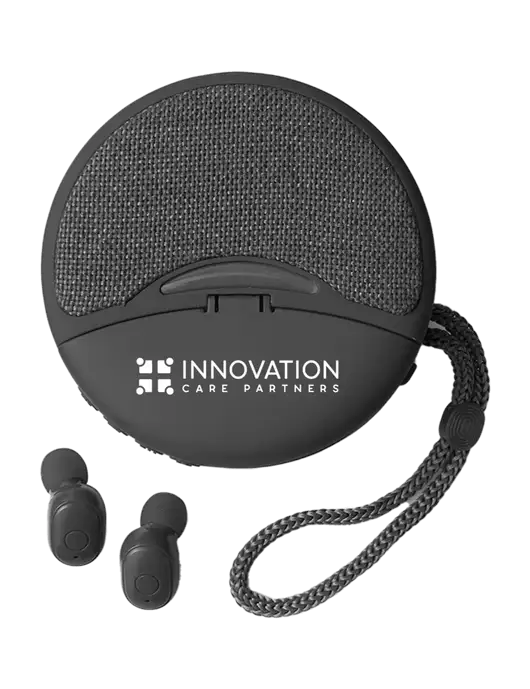 Duo Black Wireless Earbuds & Speaker w/Innovation Care Partners Logo
