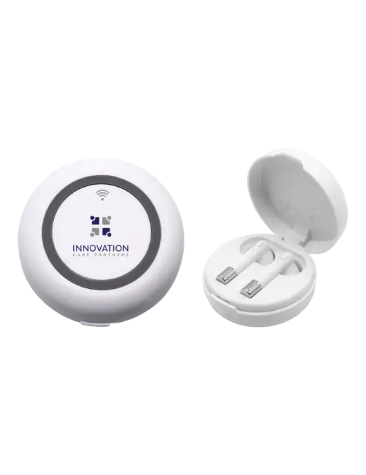 Harmony White Wireless Earbuds and Charging Pad w/Innovation Care Partners Logo