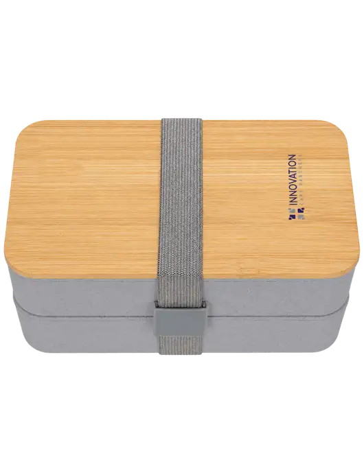 Double Decker Light Medium Grey Lunch Box w/Eco-Friendly FSC Bamboo Lid & Reusable Utensils w/Innovation Care Partners Logo